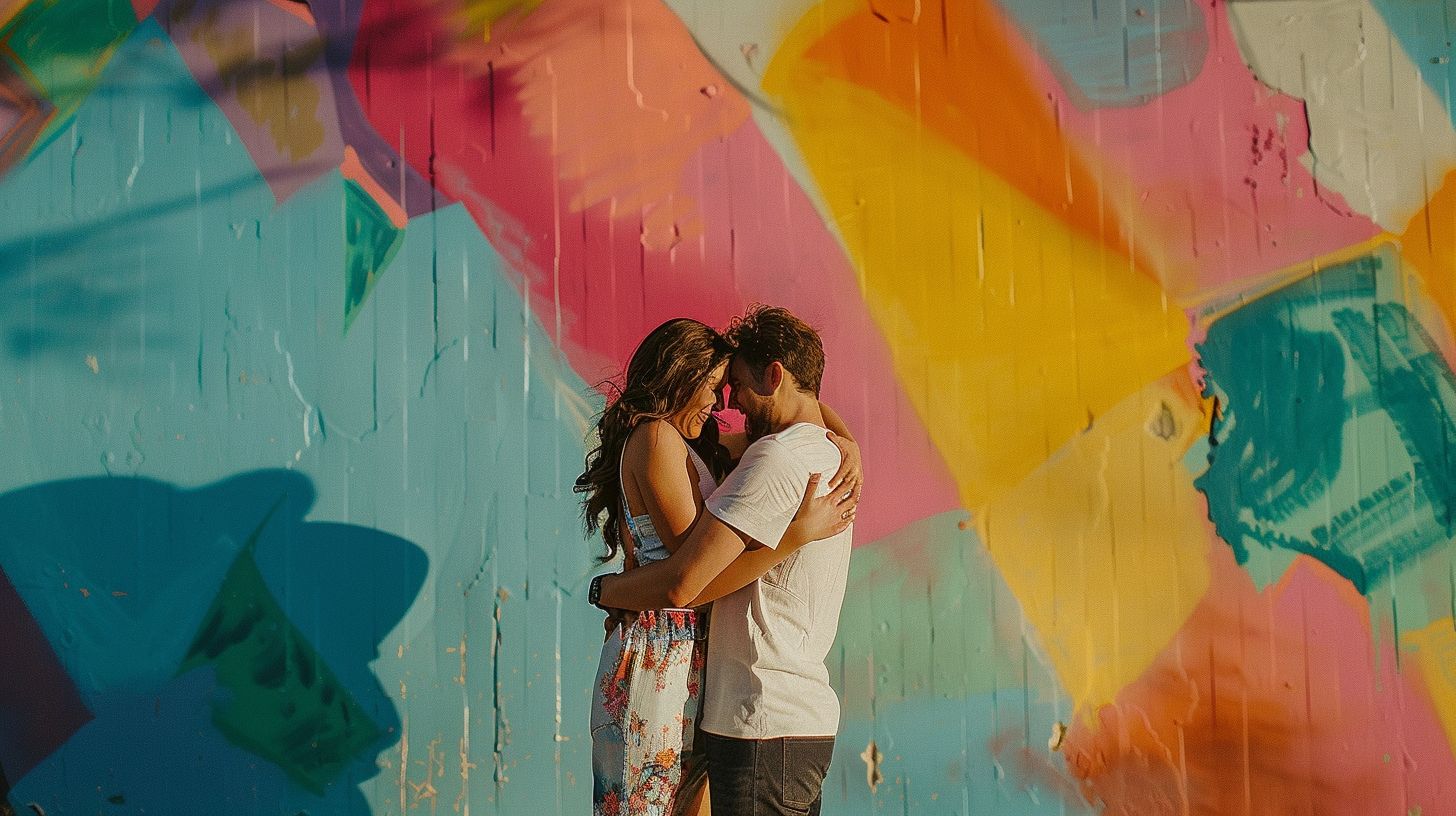A couple embraces in front of a colorful mural in Wynwood.