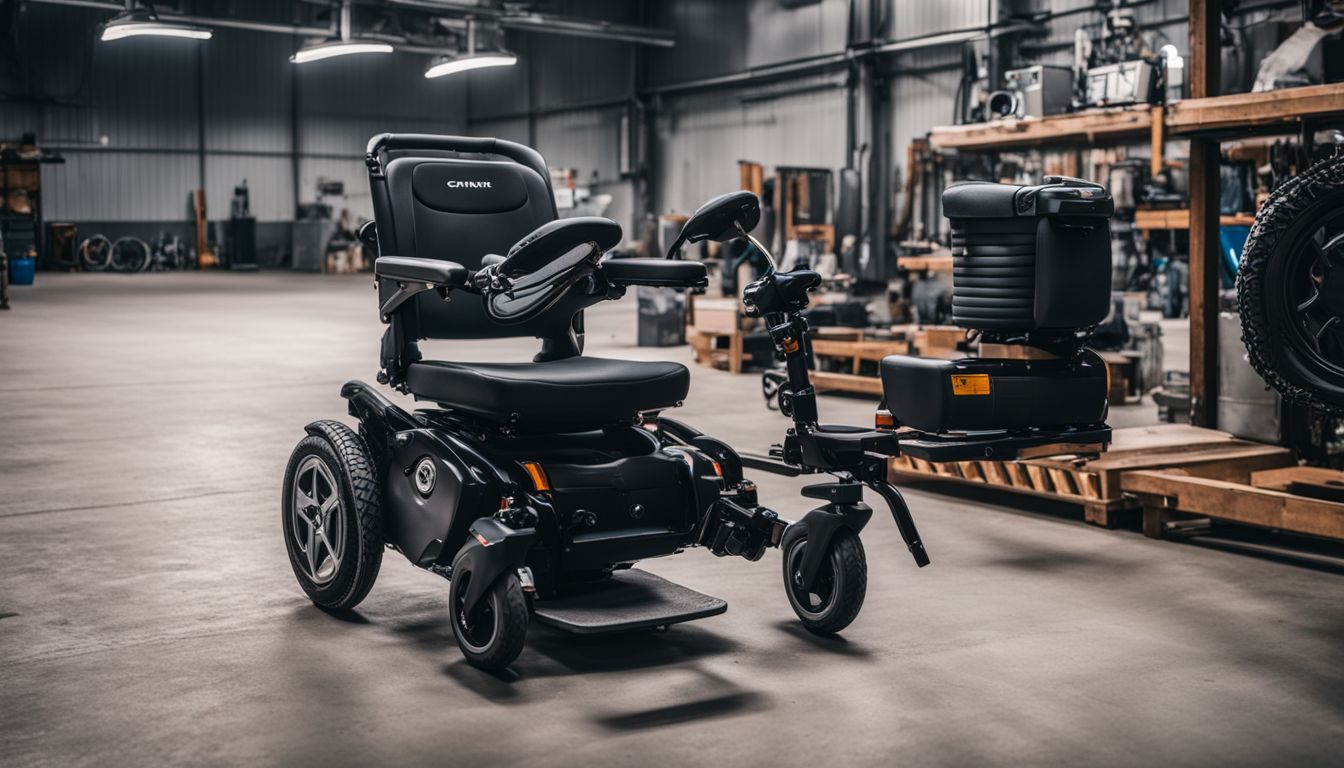 An electric wheelchair parked beside a maintenance workshop in a bustling city.