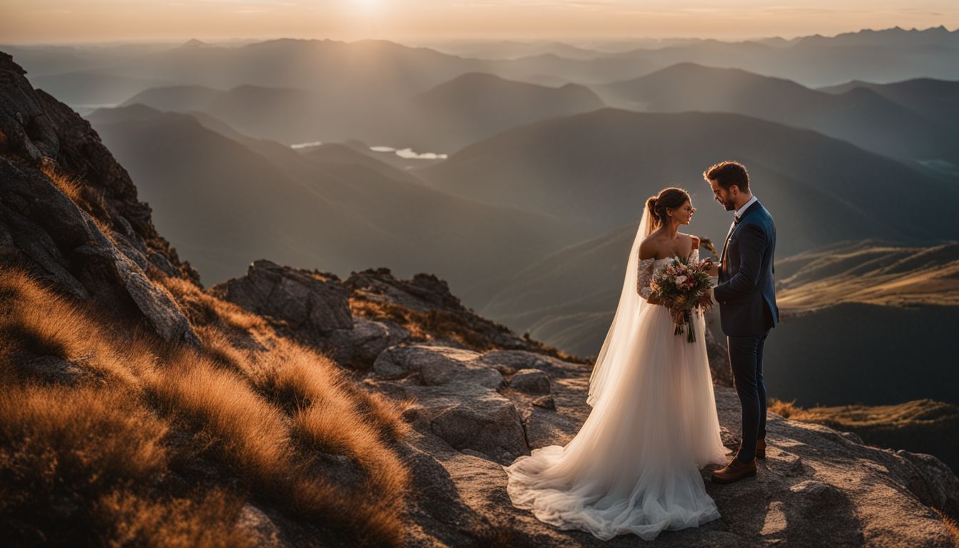 A couple exchanges vows on a mountain summit at sunset in a picturesque landscape.