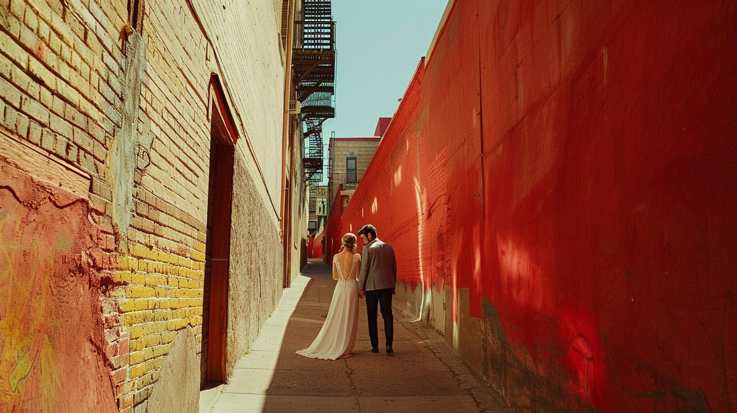 A bride and groom standing in a vibrant urban alleyway with a non-traditional wedding vibe.