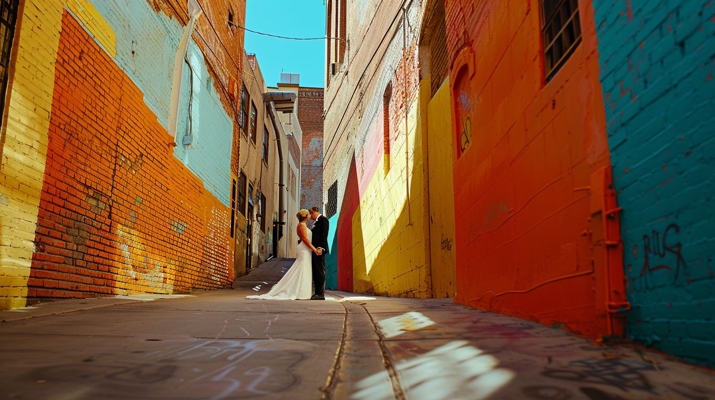 A bride and groom standing in a vibrant urban alleyway with a non-traditional wedding vibe.
