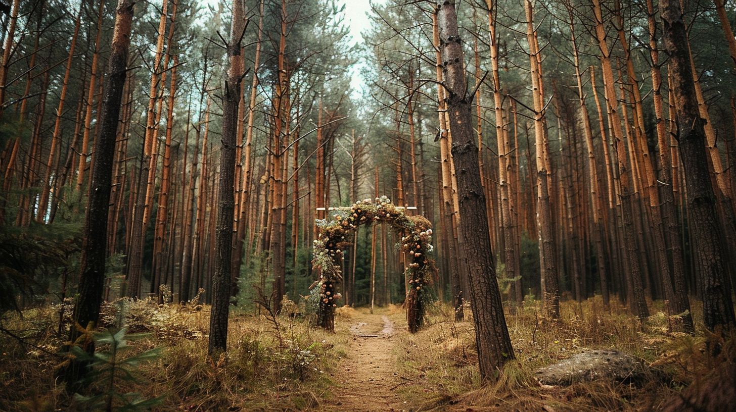 A wedding arch beautifully decorated in a forest clearing.