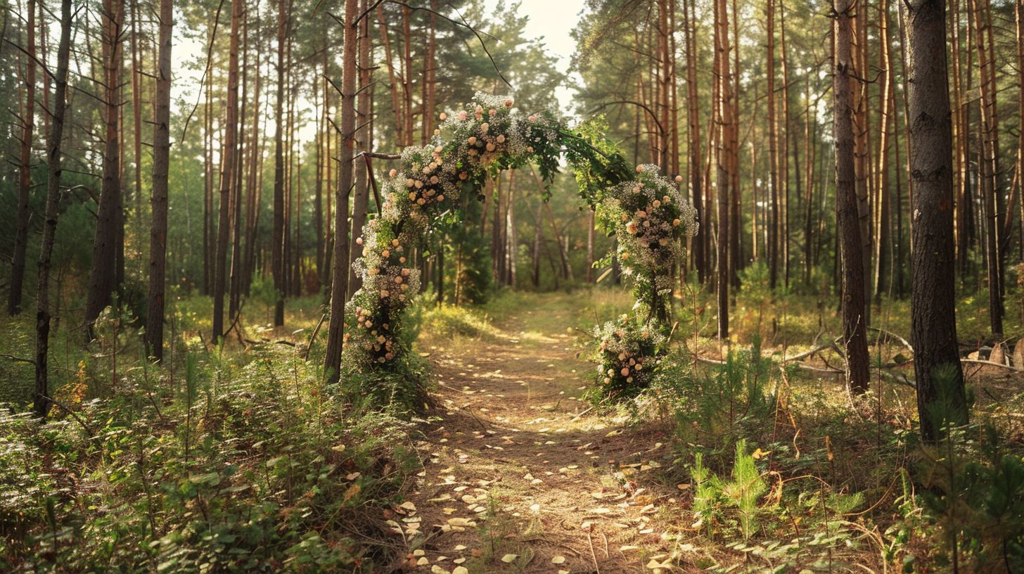 A wedding arch beautifully decorated in a forest clearing.