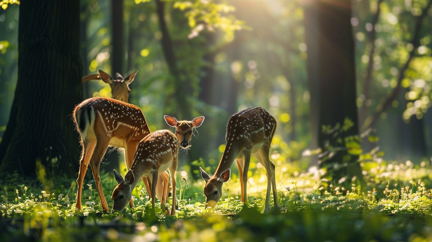 A family of deer peacefully grazing in a forest clearing, captured in wildlife photography.