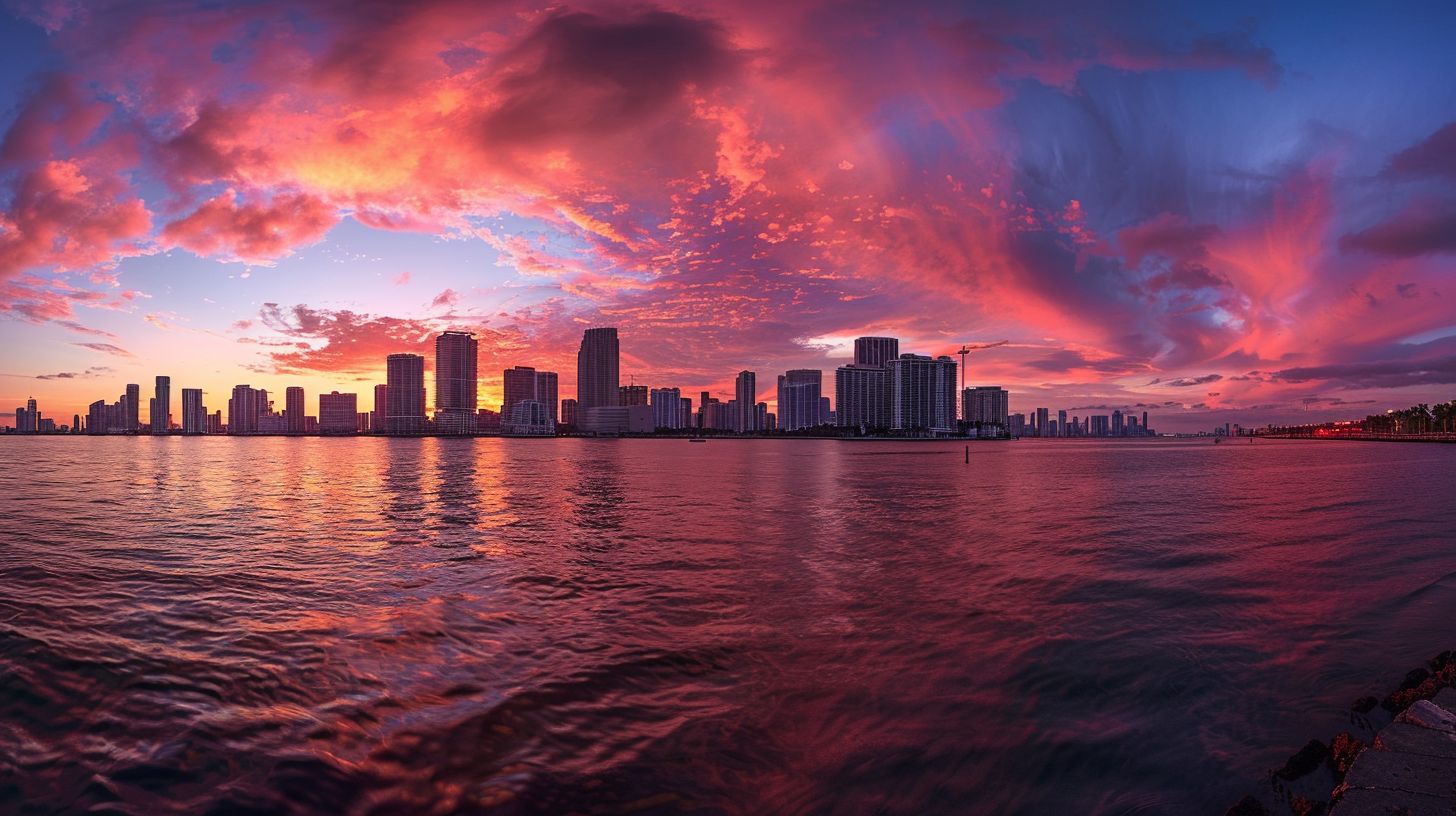 The Miami skyline is captured at sunset with a wide-angle lens, showcasing the entire cityscape.