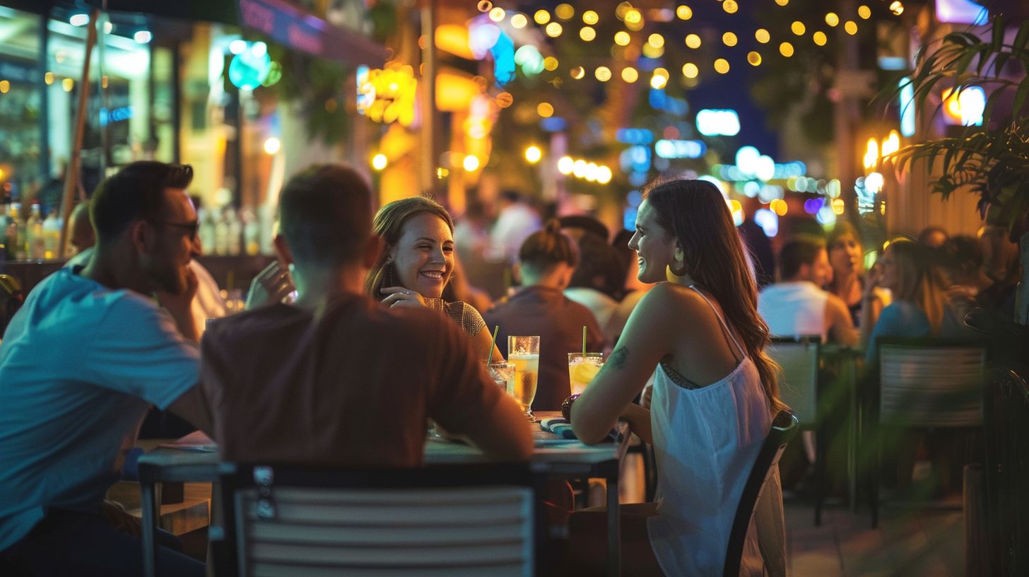 A group of people enjoying drinks and conversation at a trendy outdoor bar.