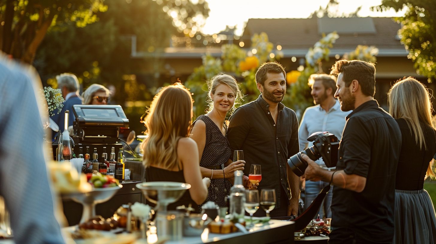 Friends gather at stylish outdoor event, enjoying drinks and conversation.