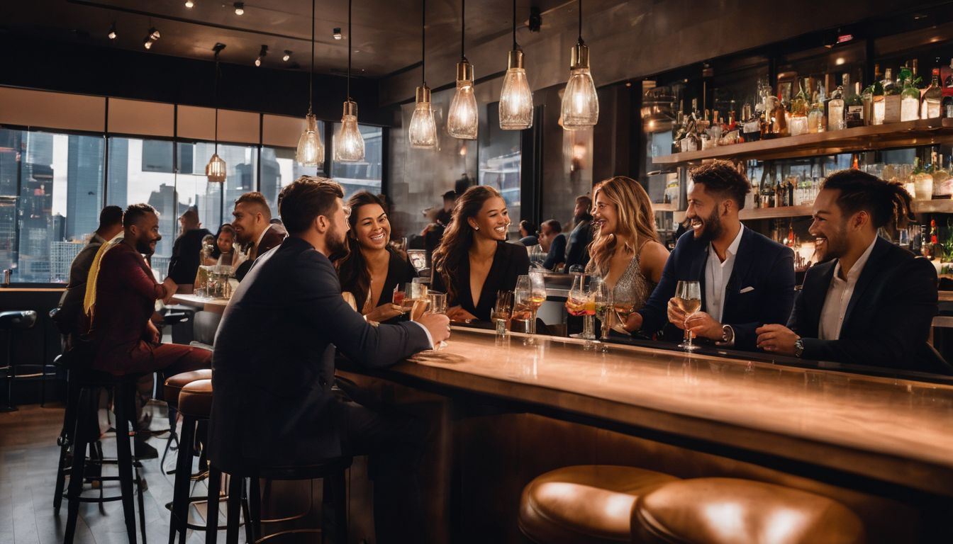 A diverse group socializing at a trendy event venue with rented bar stools.