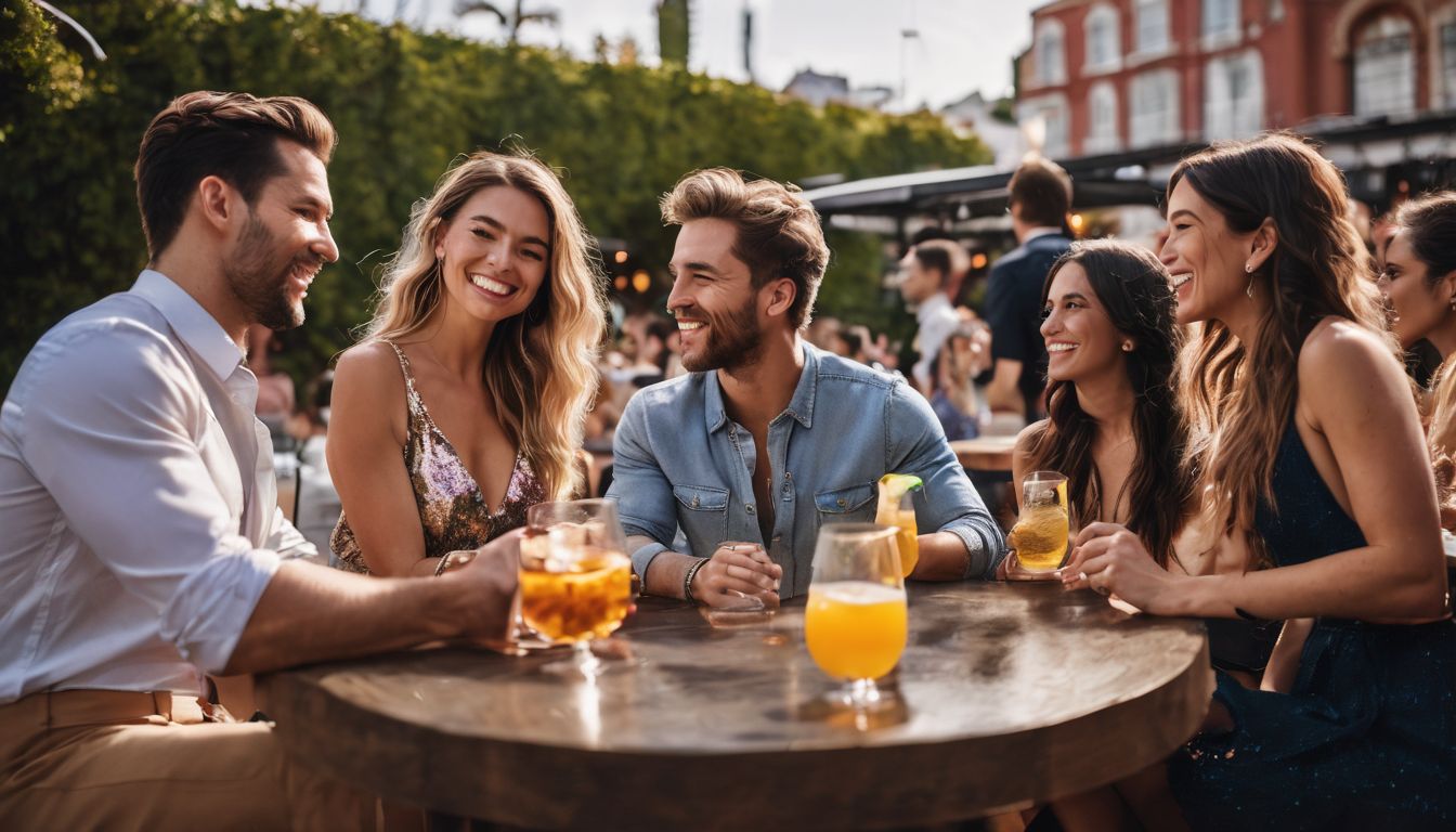 A group of people enjoying a social event in a vibrant outdoor setting.
