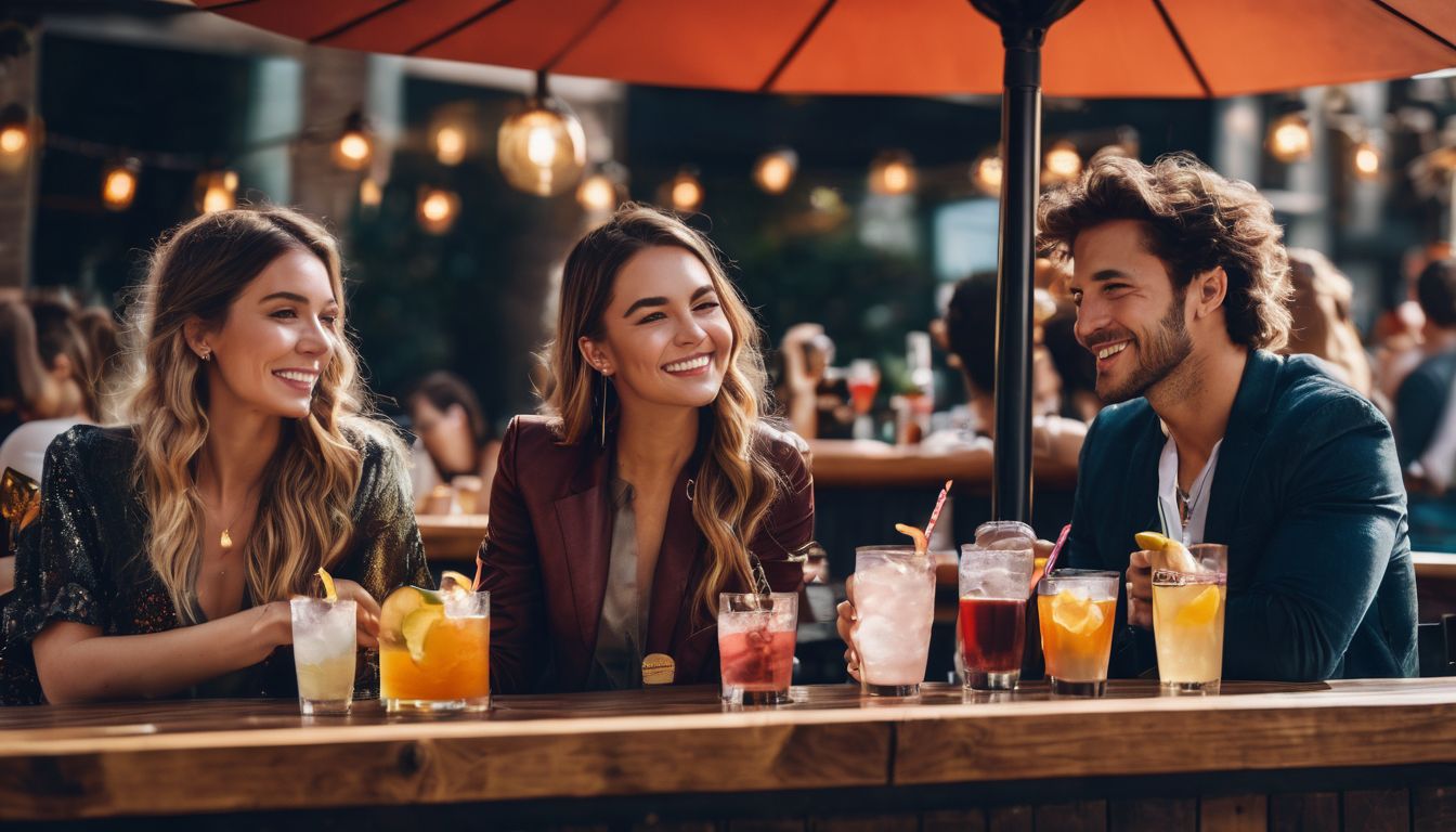 A group of friends enjoying drinks at an outdoor bar.