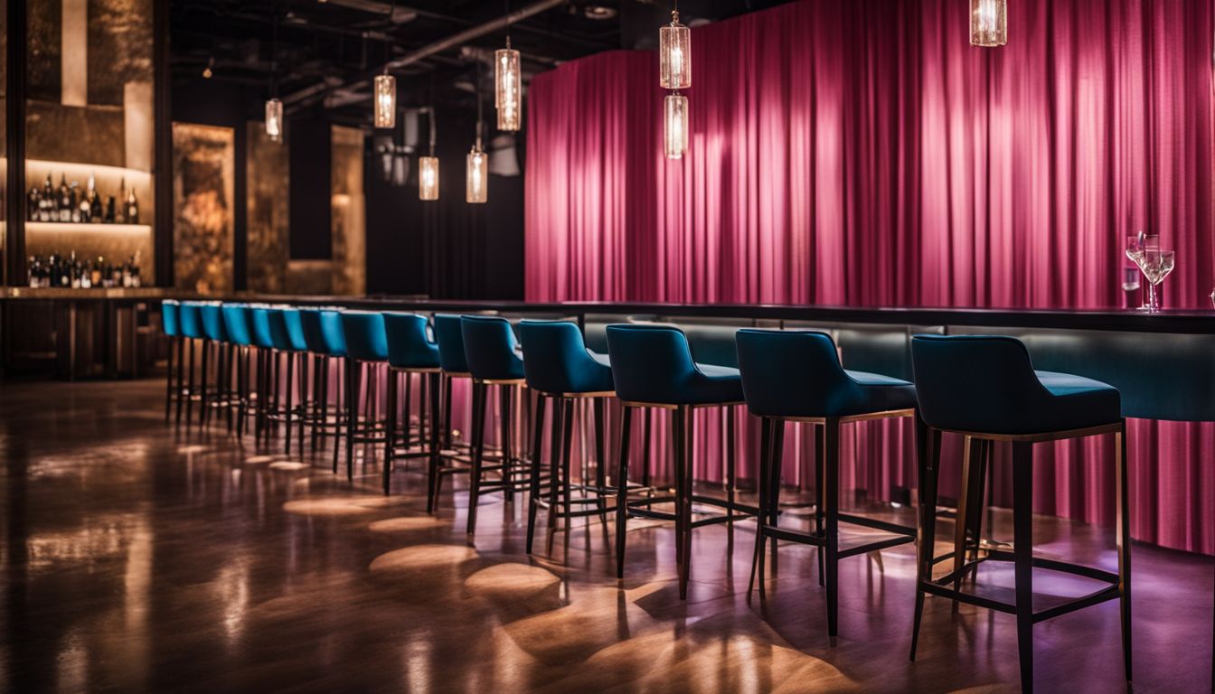 A set of elegant bar stools arranged in a stylish event space.