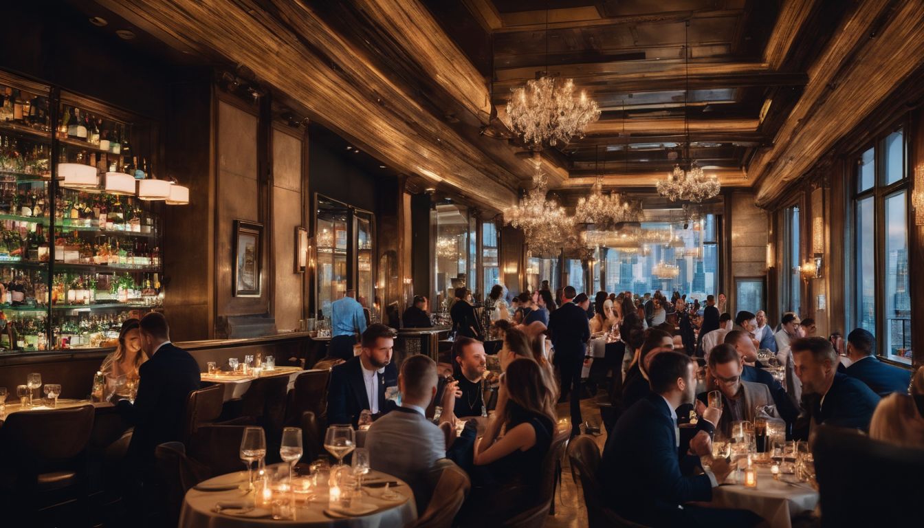 An elegant event with people mingling around bar tables in a cityscape setting.
