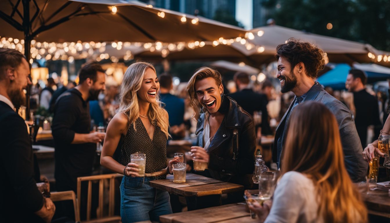 People socializing at outdoor event with rented bar tables, laughing and talking.