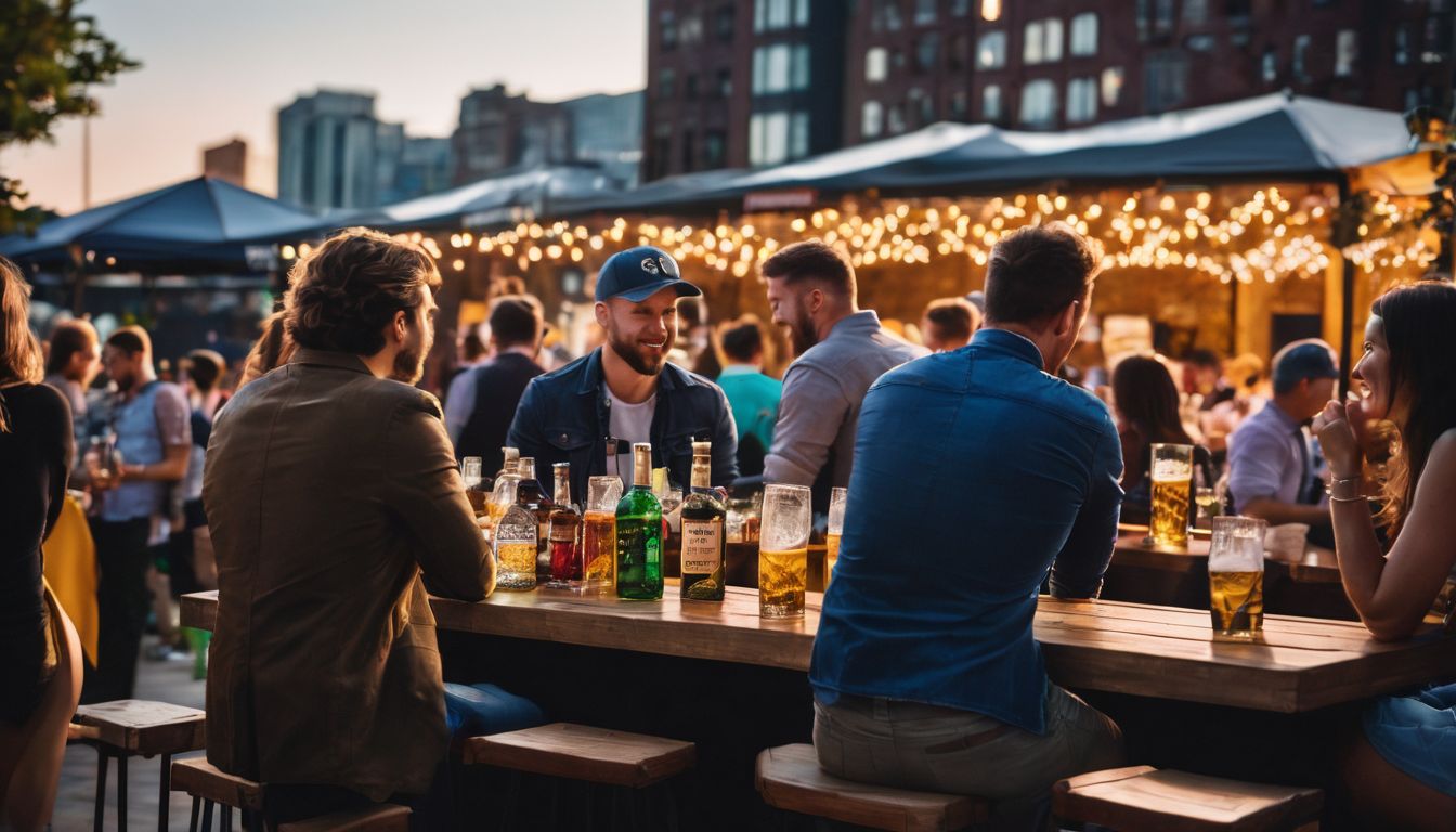 A group of people socializing at outdoor event with rented bar tables.