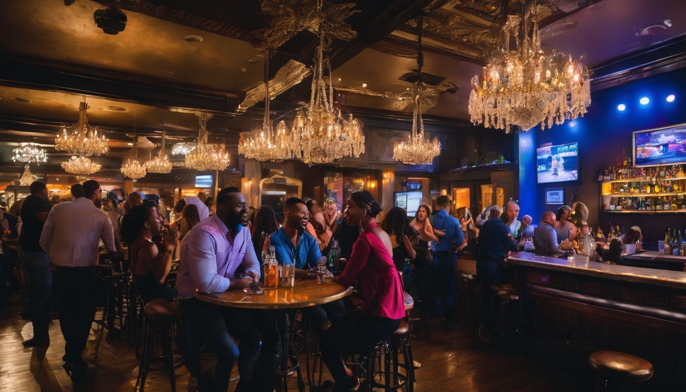 A lively New Orleans event with a group of people gathered around rented bar tables.