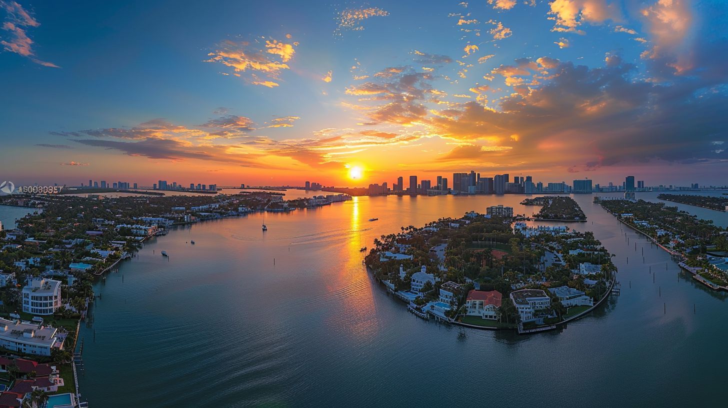 A wide-angle shot of Miami's serene sunset over the tranquil waters.