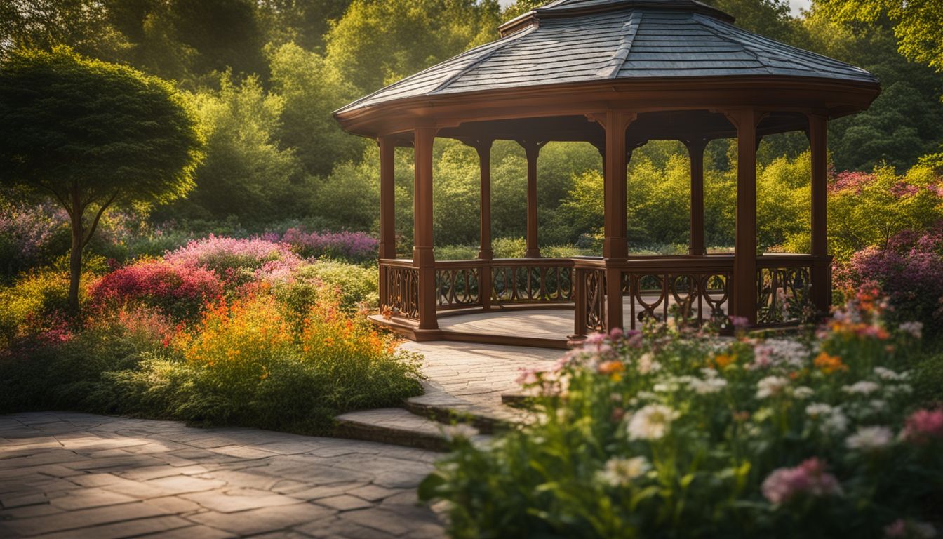 A beautiful garden with a gazebo, featuring a variety of outfits and hairstyles.