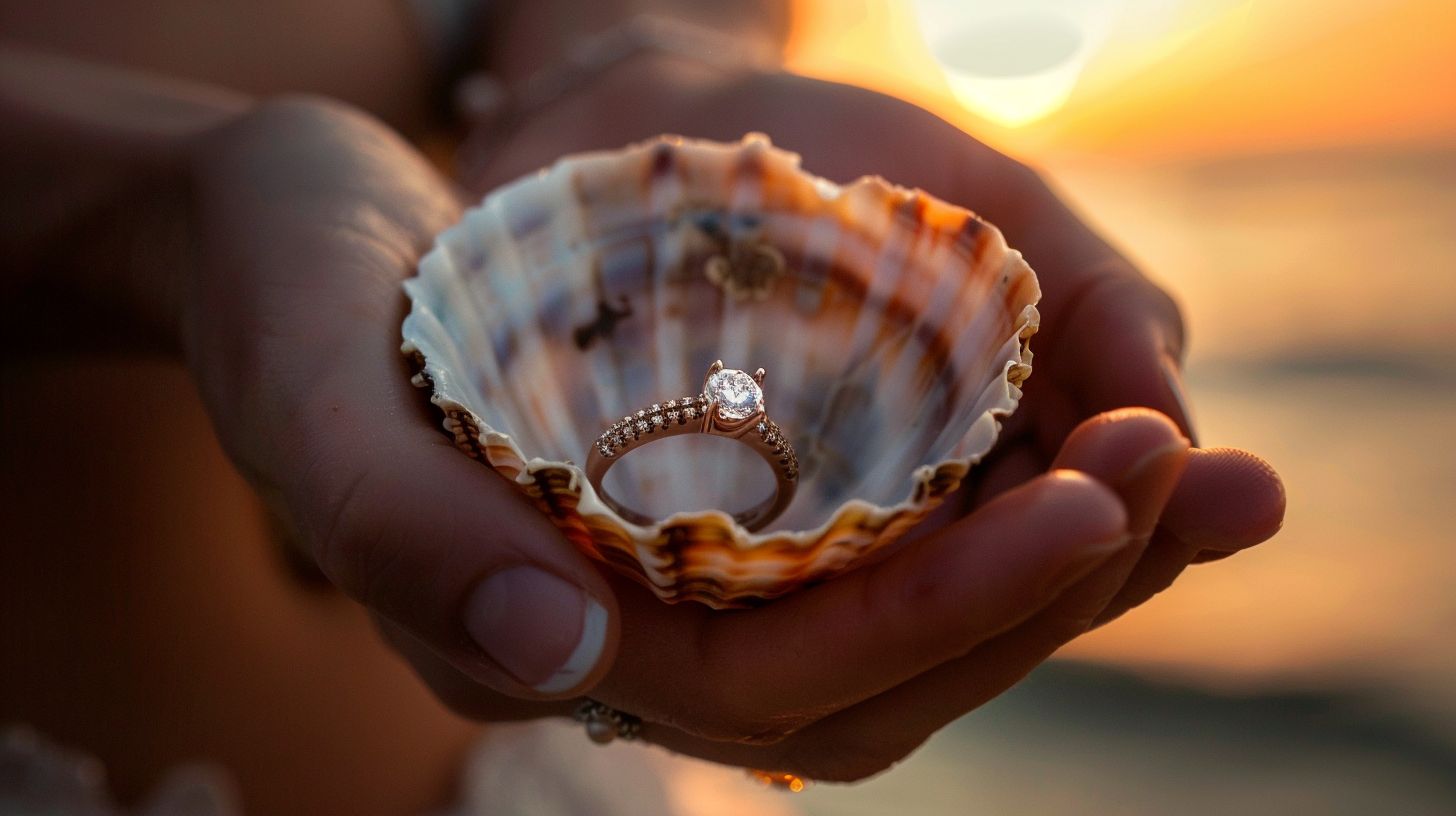 A seashell at sunset beach holds a vintage engagement ring in nature photography shot.