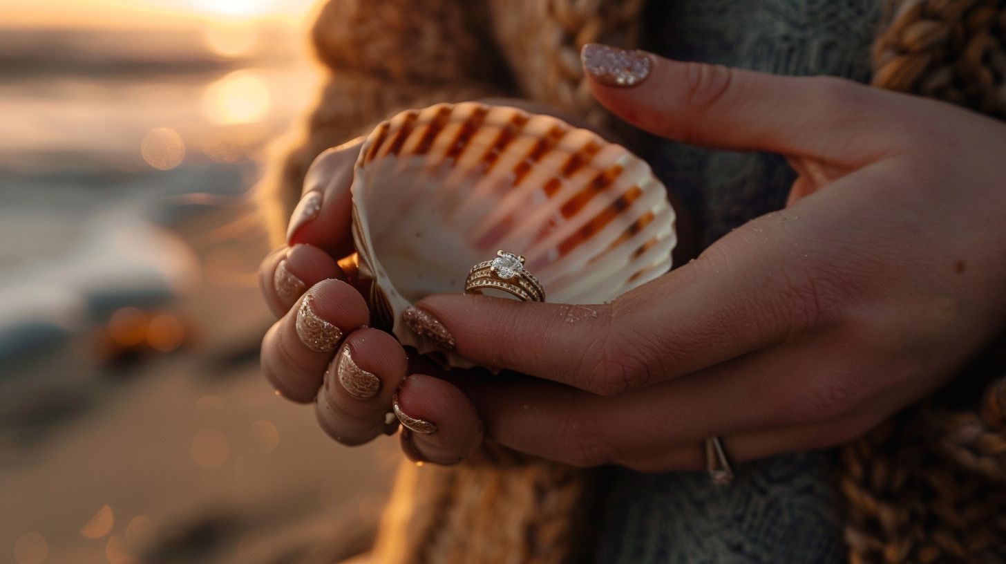A seashell at sunset beach holds a vintage engagement ring in nature photography shot.