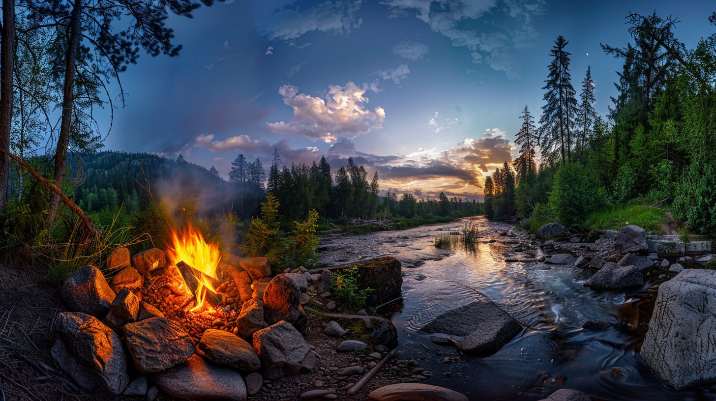 A cozy campfire surrounded by lush wilderness, captured with a wide-angle lens.