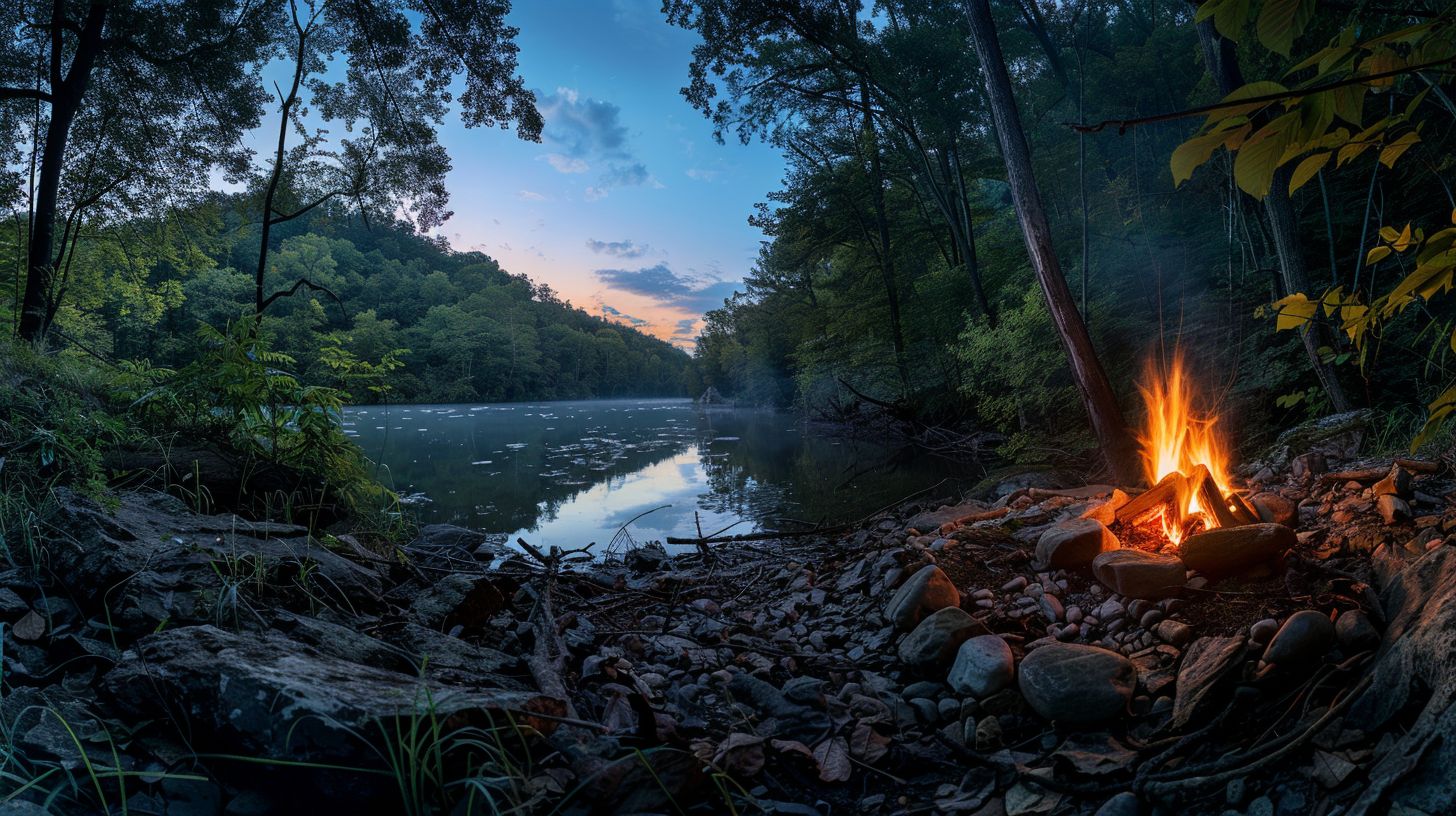A cozy campfire surrounded by lush wilderness, captured with a wide-angle lens.
