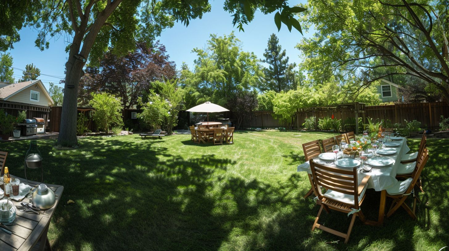 The backyard BBQ setting was beautifully decorated with a wide-angle lens capturing the comprehensive view.