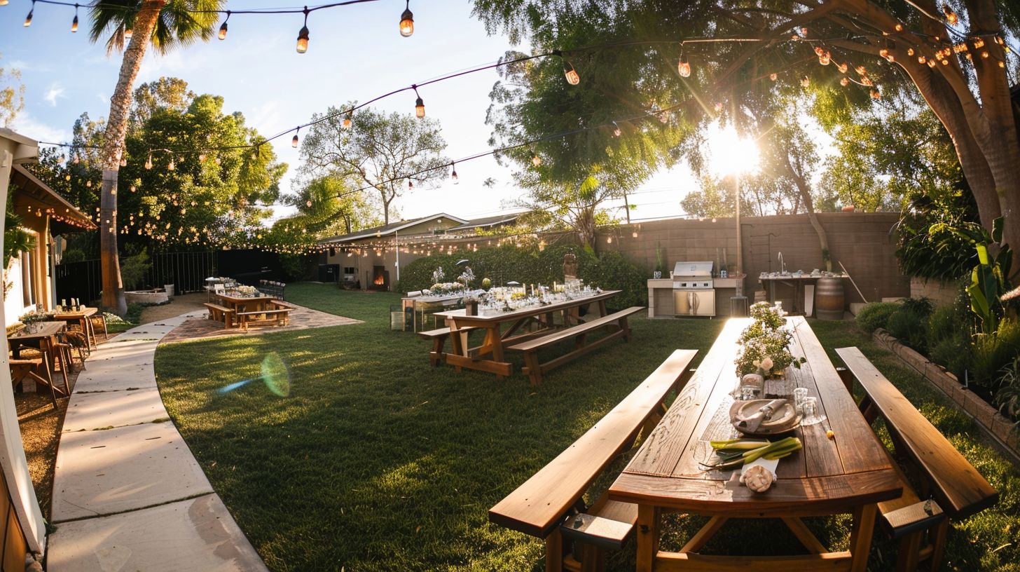 The backyard BBQ setting was beautifully decorated with a wide-angle lens capturing the comprehensive view.