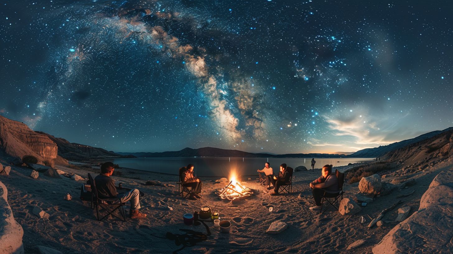 Friends gathered under a starry sky around a campfire in nature.