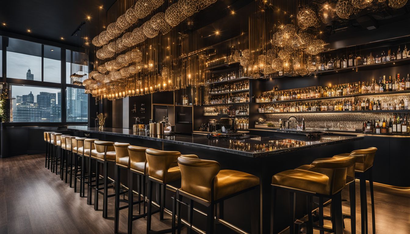 Modern bar setting with gold and black bar stools.