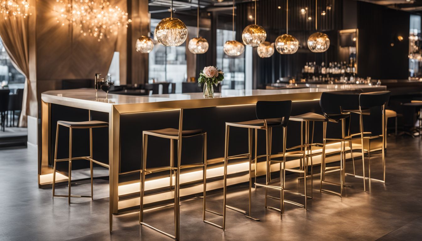 The Ashton Bar Stool in two colors showcased in a trendy event setting.