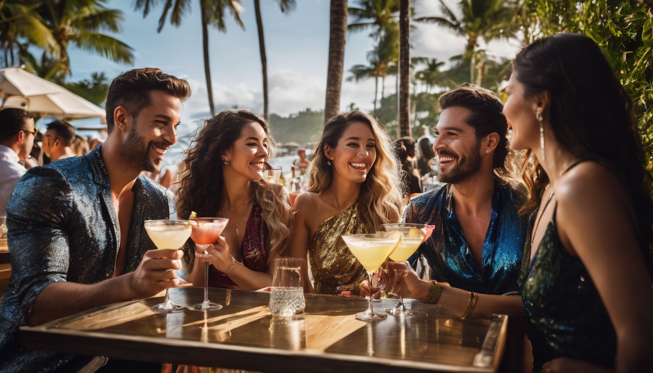 A group of diverse friends enjoying cocktails at a communal bar.