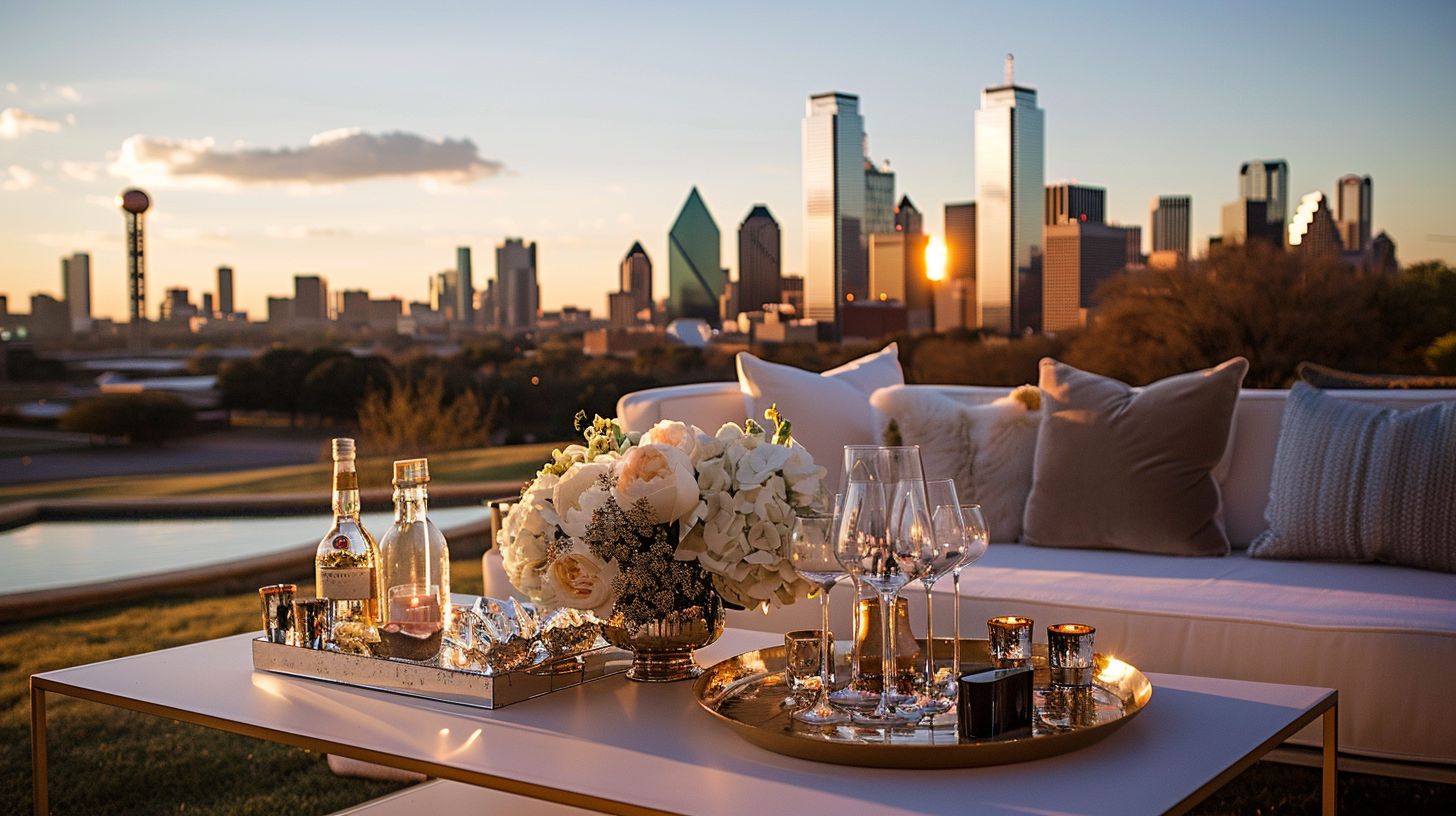 An elegant outdoor bar table with a stylish decor and Dallas skyline in the background.