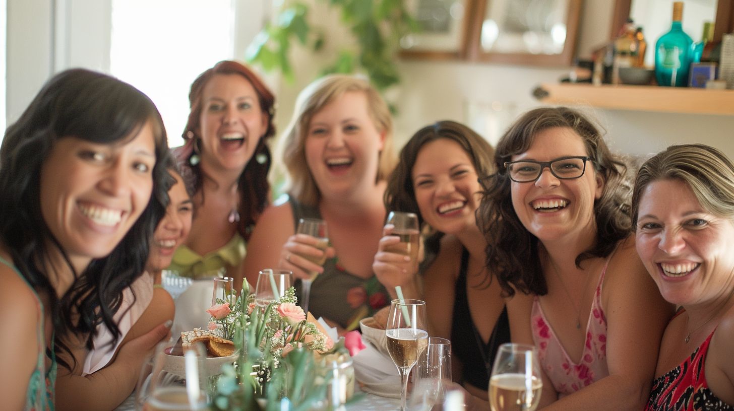 A 50mm lens captures candid Portrait Photography style images of a lively wedding shower with close friends and family.