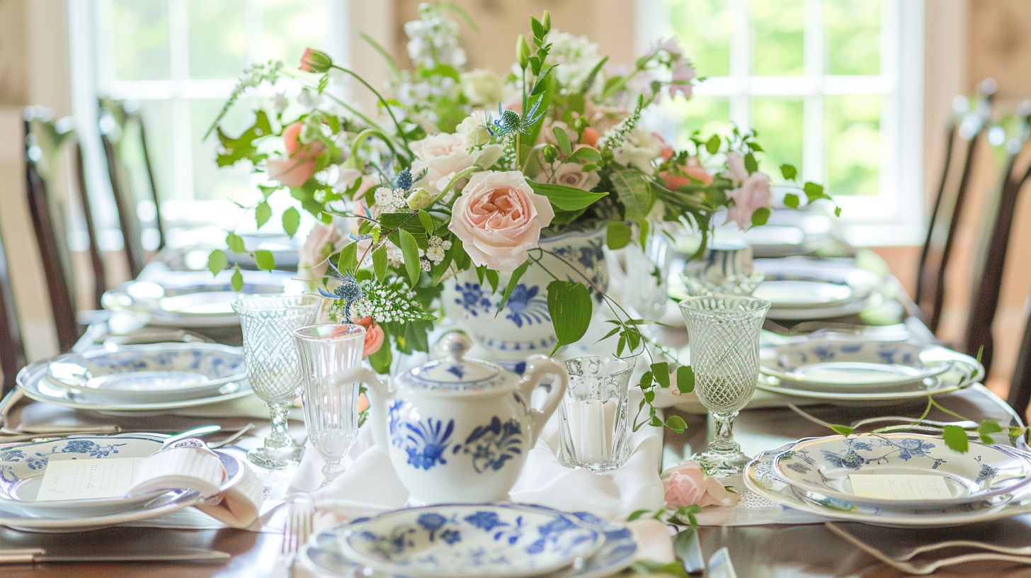 A bridal shower table adorned with elegant tableware and floral centerpieces, captured in a still life photograph.