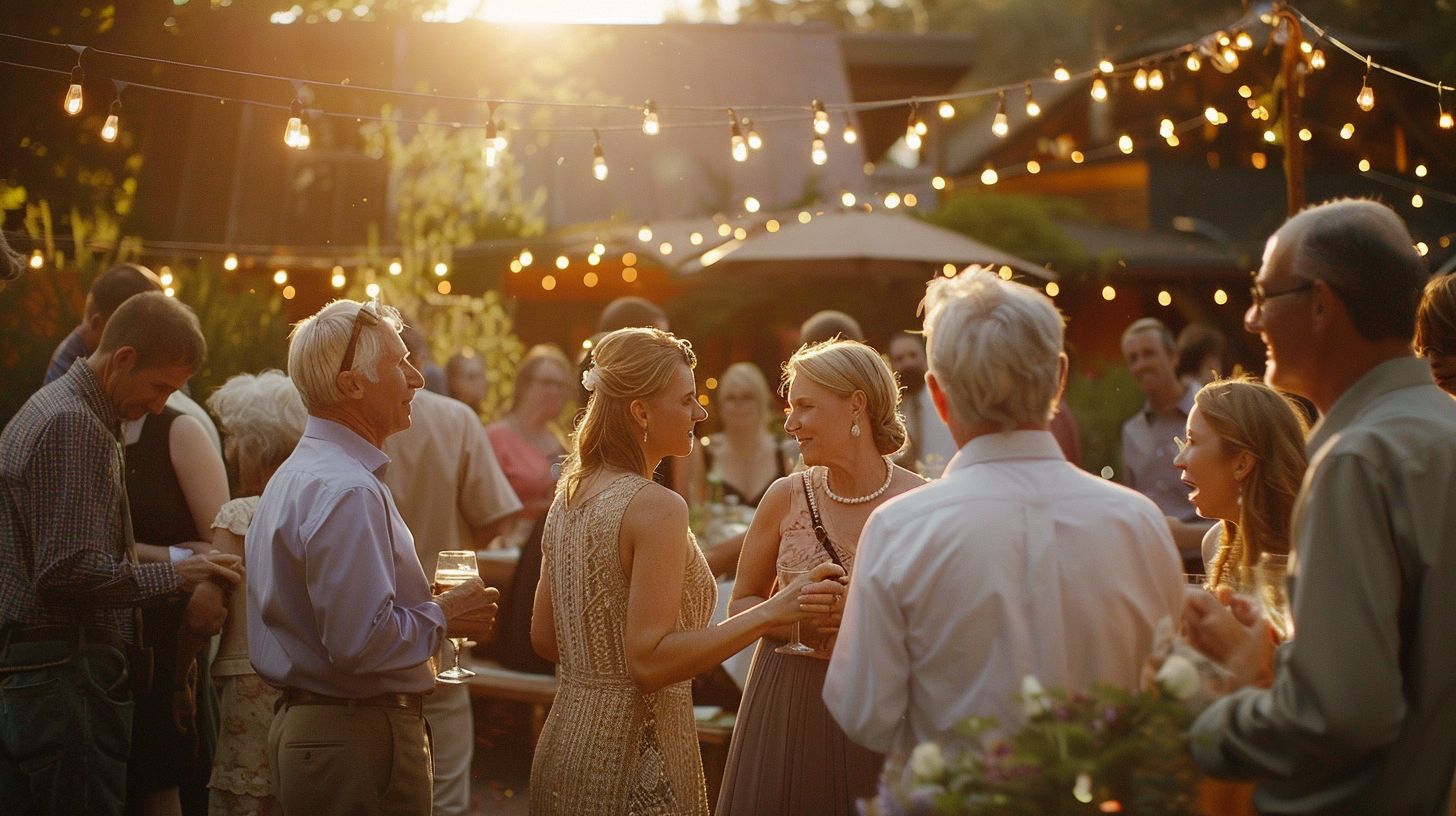 Guests at a rustic wedding reception engage in heartfelt conversations and mingle.