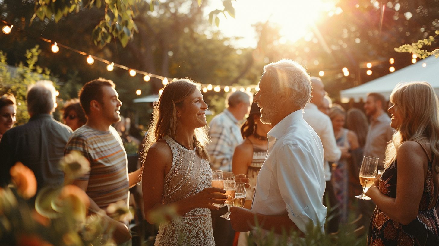 Guests at a rustic wedding reception engage in heartfelt conversations and mingle.