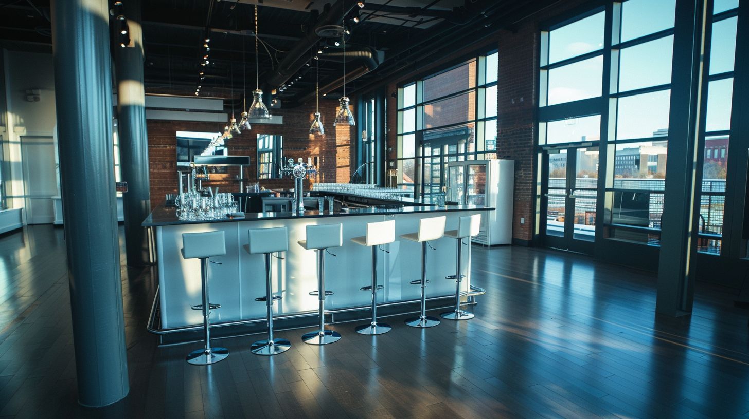 A modern event space with a sleek bar and stylish stools.