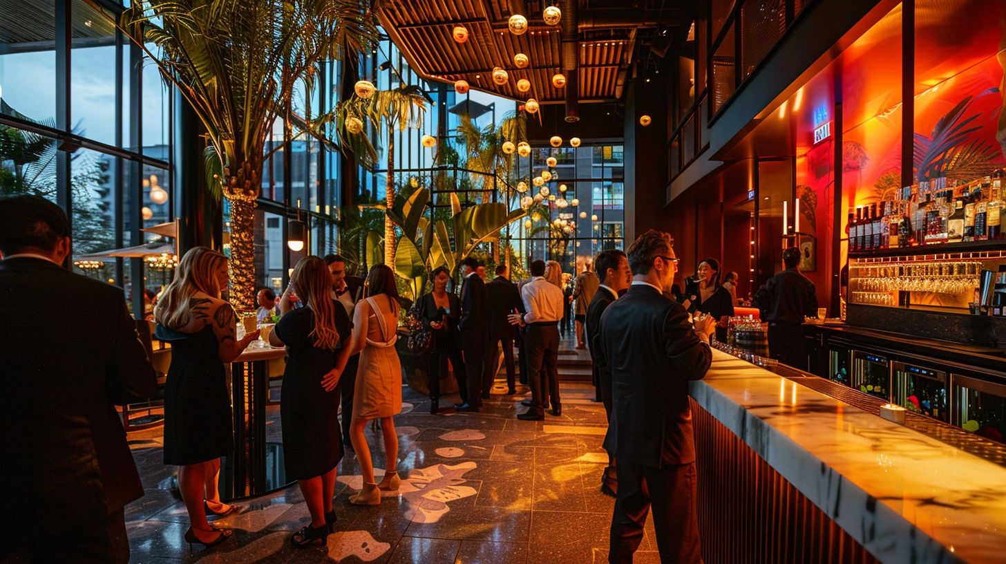 Elegantly dressed people mingling at a modern event venue.