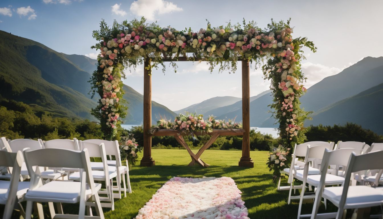 A beautifully decorated outdoor wedding arch surrounded by blooming flowers.