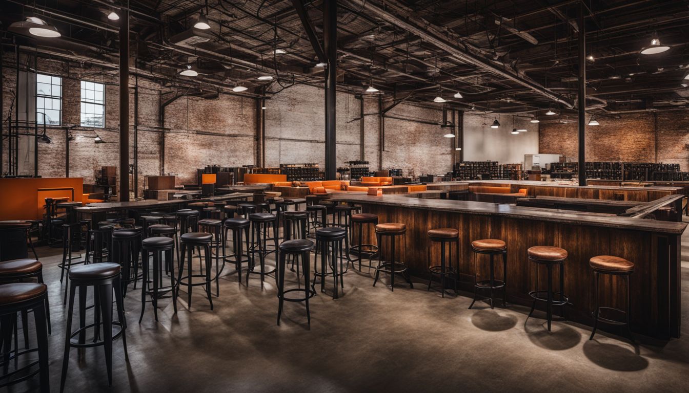 A warehouse full of bar stools in Houston with diverse people.