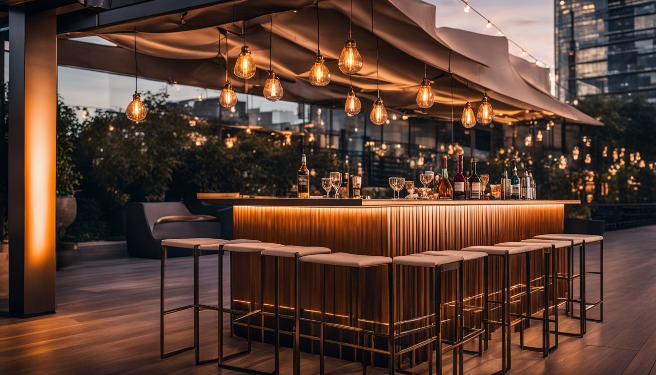 A modern bar table set up in a trendy outdoor patio.