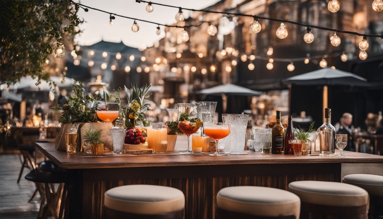 A stylish outdoor cocktail bar with a bustling cityscape backdrop.