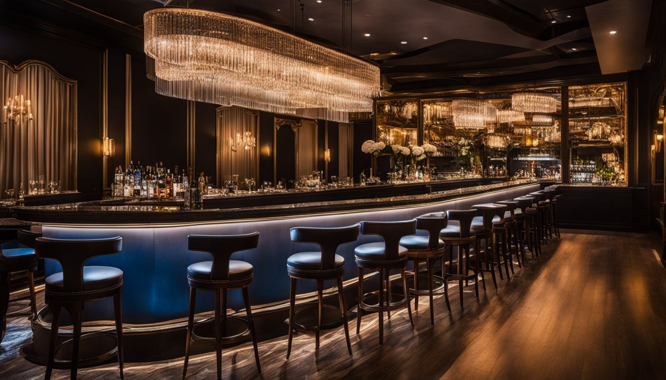 A set of elegant bar tables and stools in a glamorous Las Vegas event venue with a bustling atmosphere.