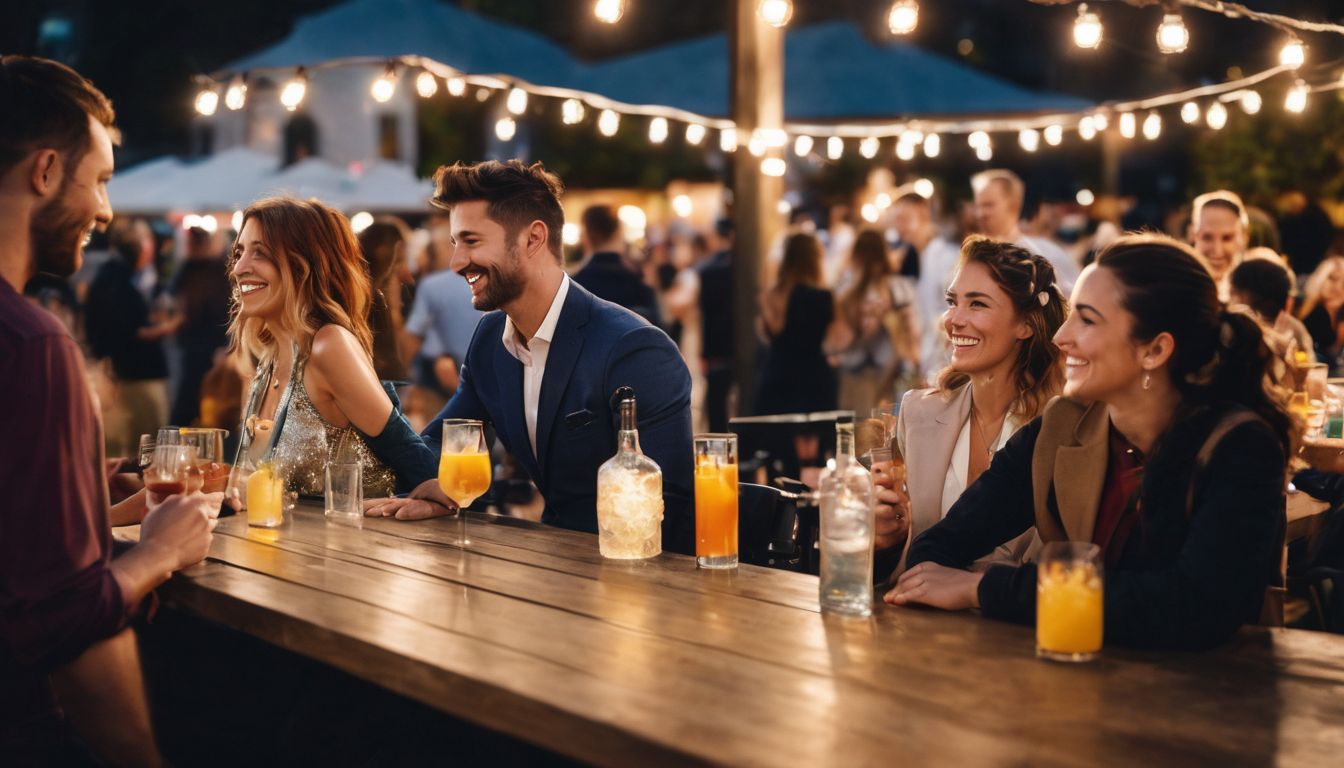 A group of people enjoying drinks and chatting at an outdoor event.