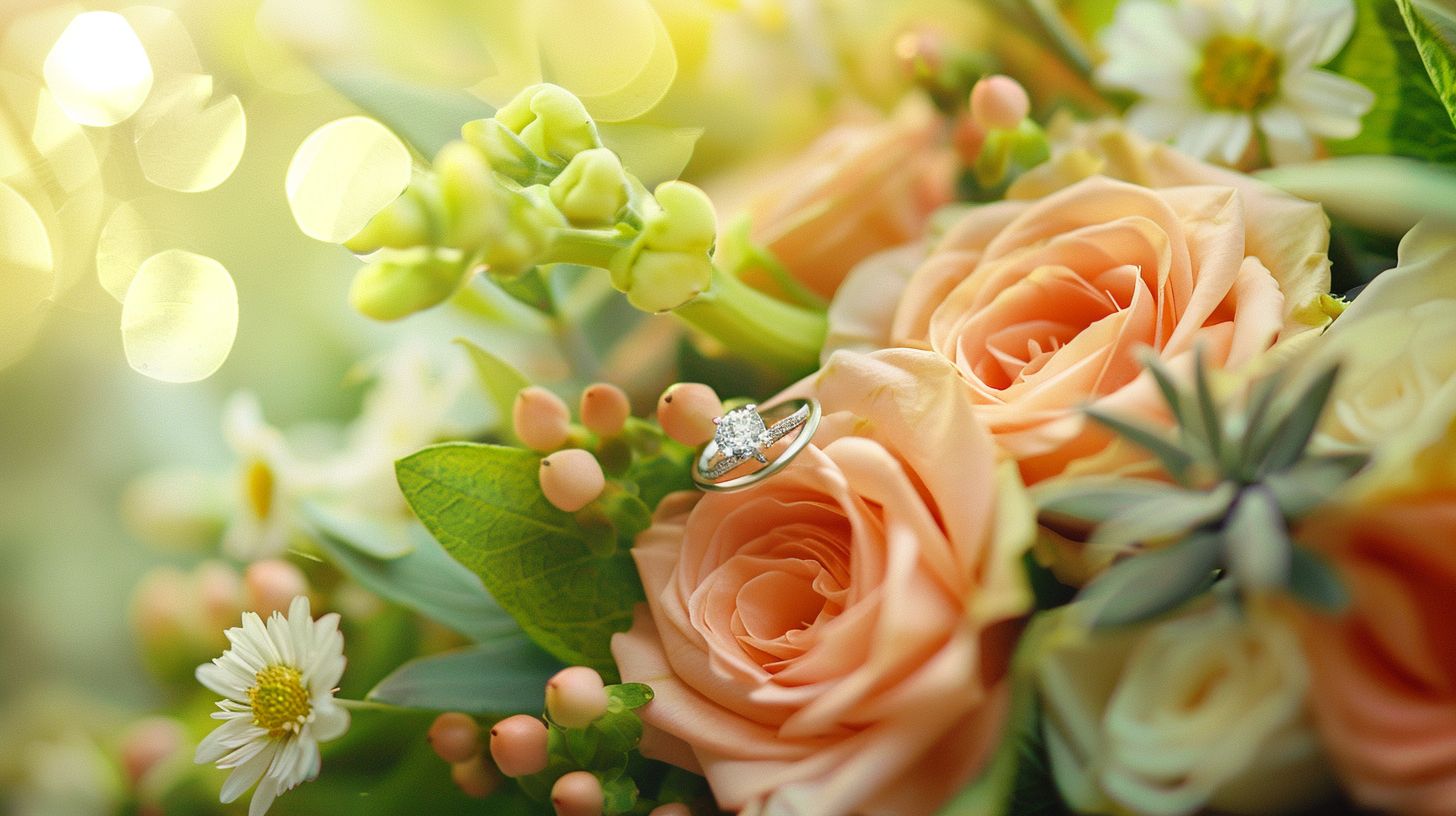 A wedding bouquet and ring displayed among natural elements, captured with a macro lens.