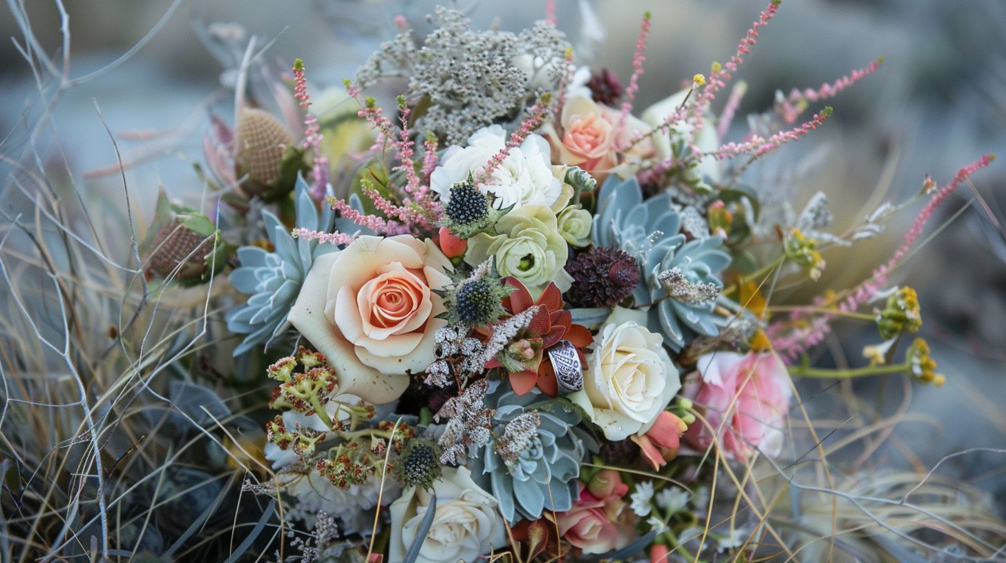 A wedding bouquet and ring displayed among natural elements, captured with a macro lens.