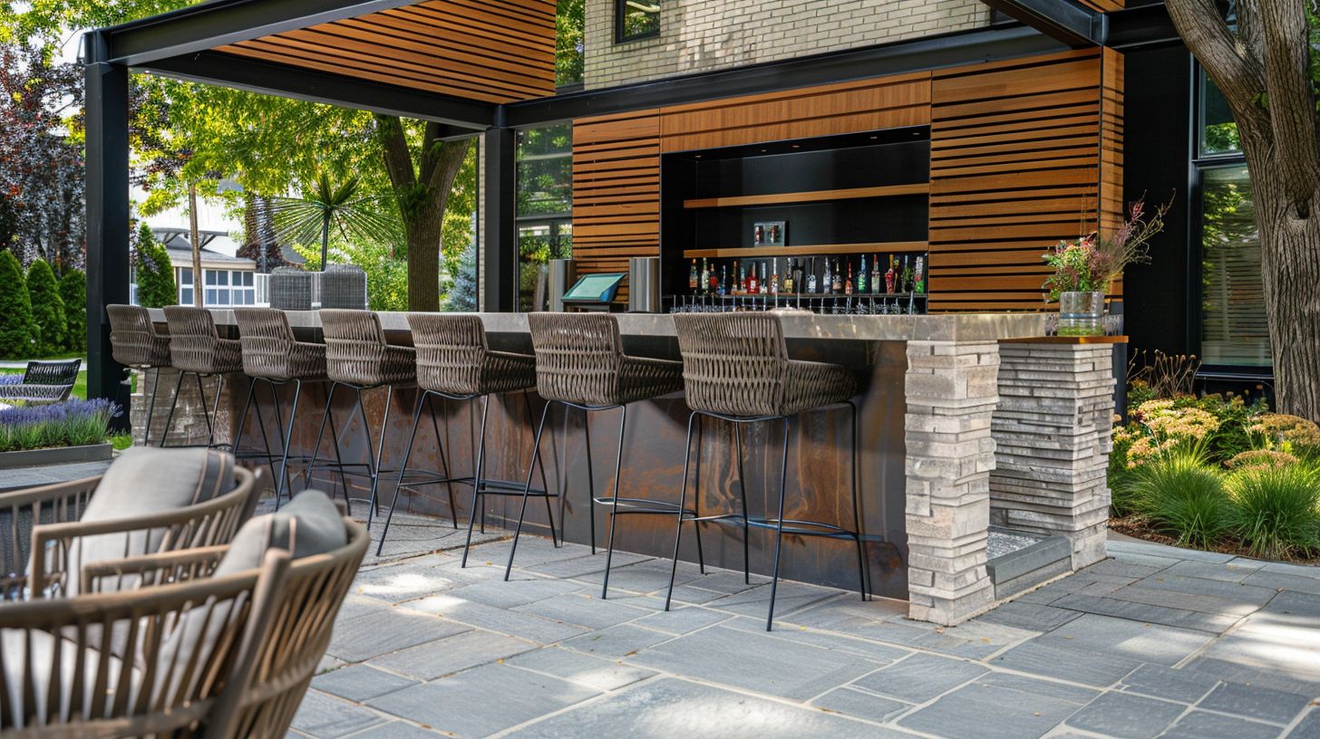 A trendy outdoor bar with modern seating and urban atmosphere.