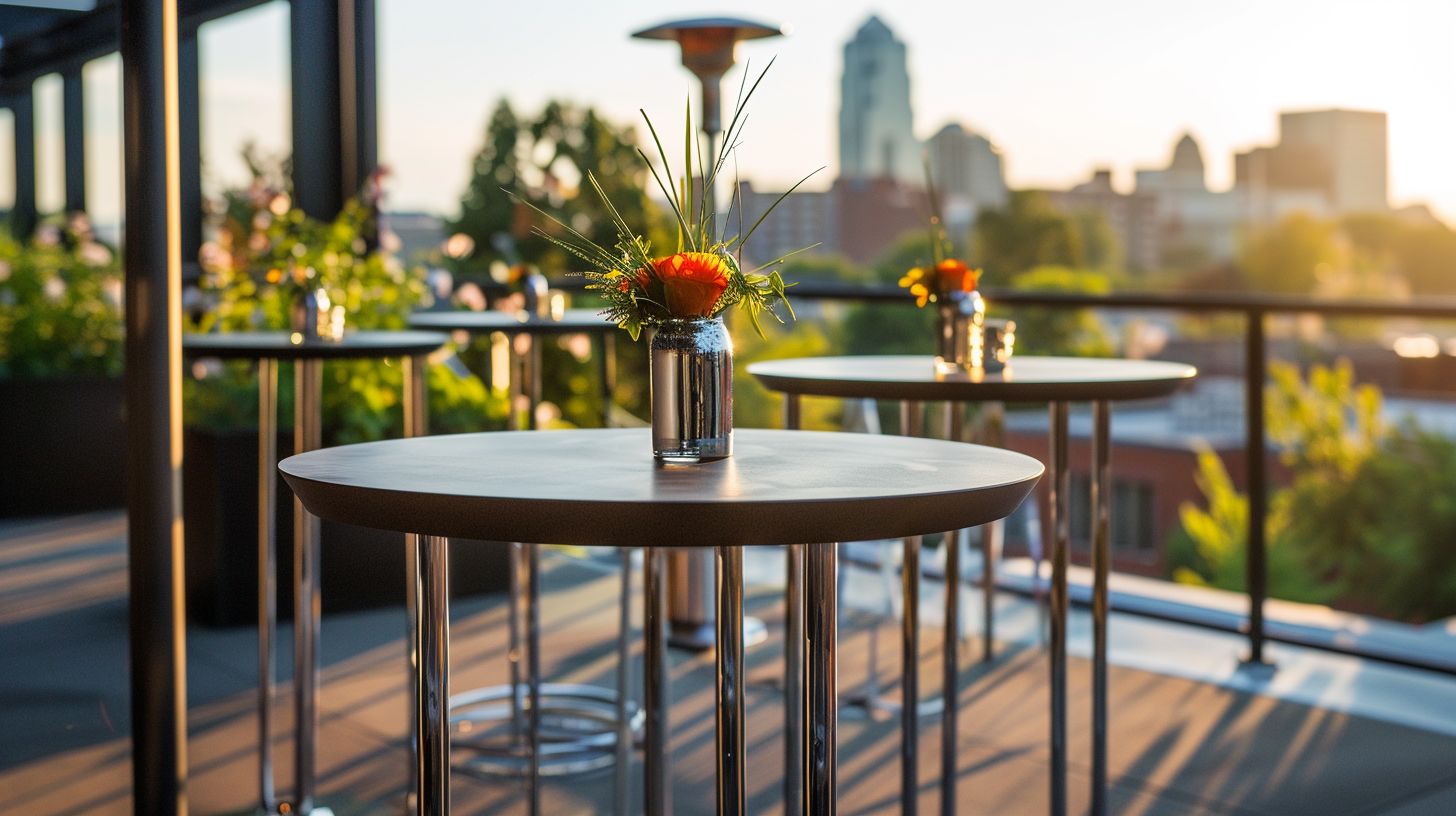 A modern outdoor event setup featuring bar tables in Kansas City.