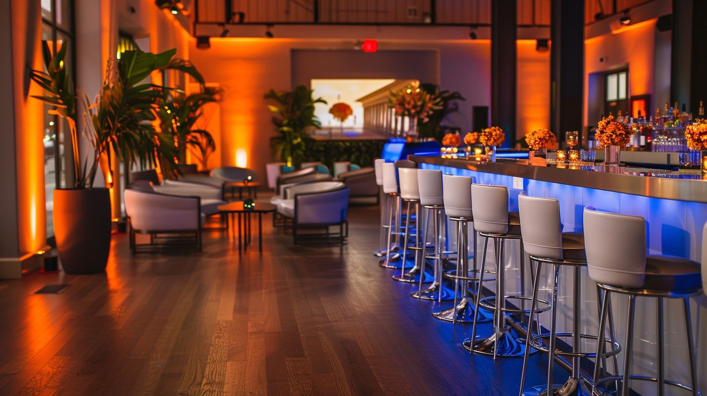 A modern and stylish event space with rows of bar stools.