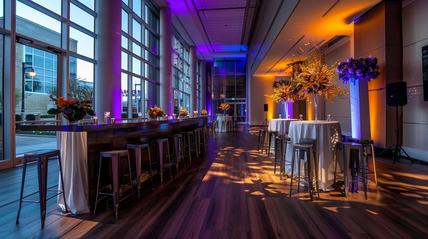 A modern bar stool set-up in an upscale event venue.